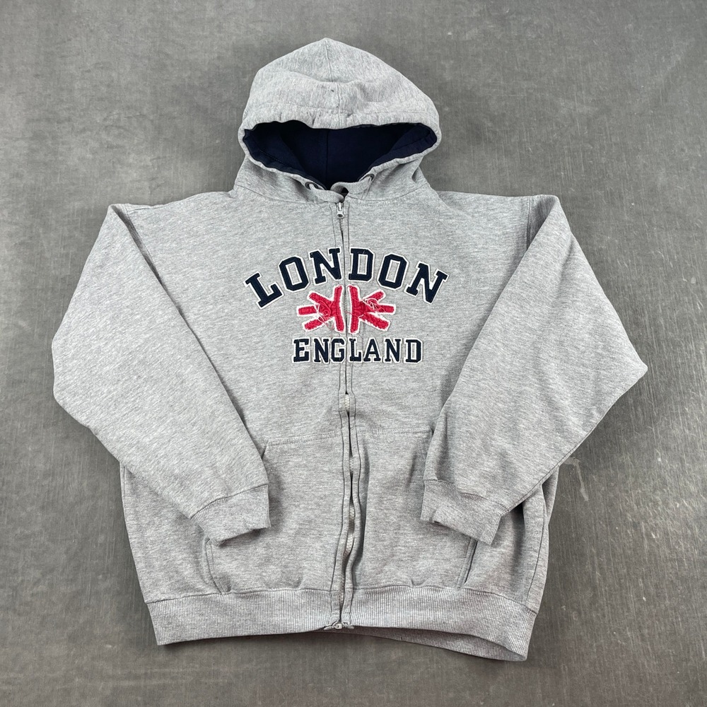 London England Men Large Gray Oakridge Zip Up Hoodie Souvenir Union Jack Flag